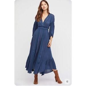 Free People The Endless Summer Marysia Maxi Dress Blue Vneck‎ Bohemian Crochet S